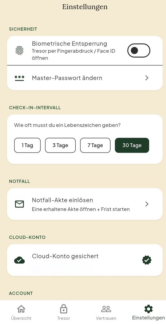 Einstellungen: Check-in und Cloud-Sicherung
